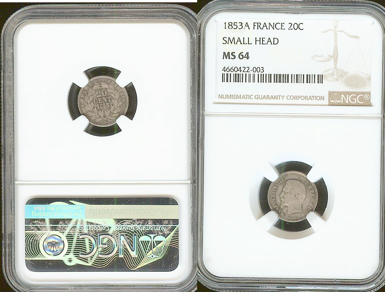 20 centimes Napoleon III 1853A NGC MS64